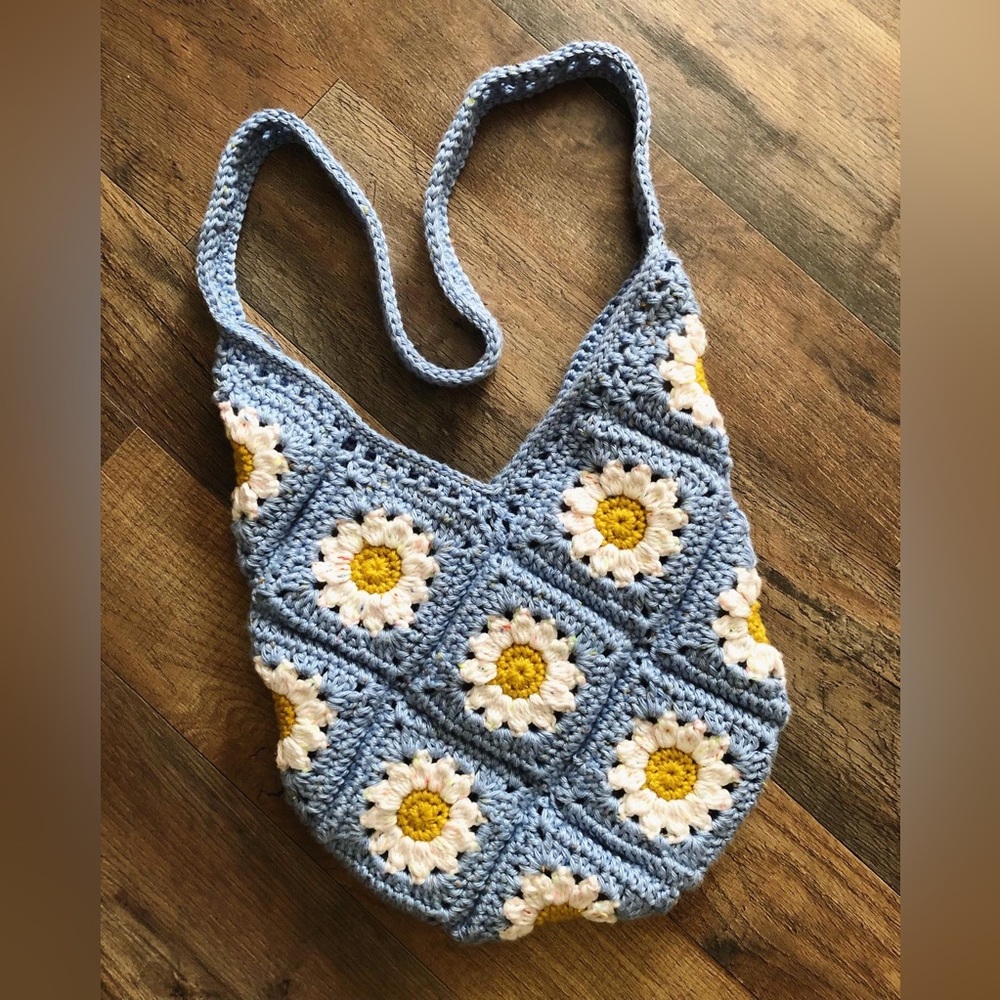 Handmade Crocheted Sky Blue Tweed Daisy Bag